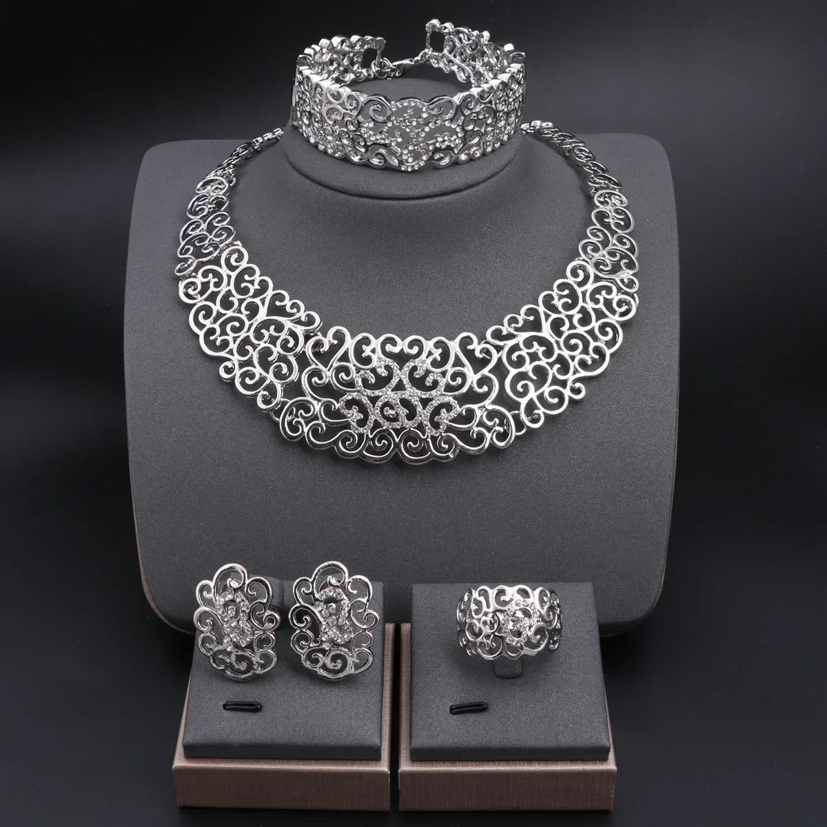 Parure de Bijoux Mariée – Collier, Boucles d'Oreilles, Bague & Bracelet (Argent)