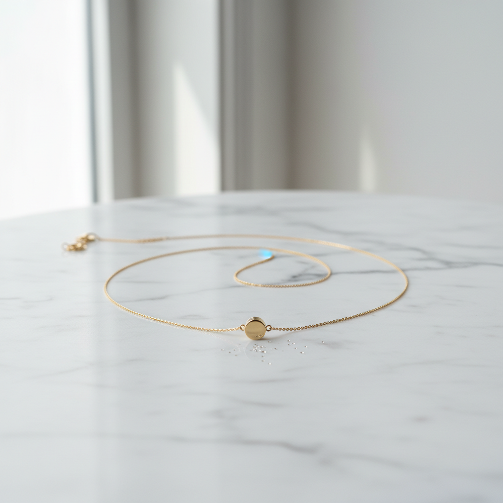 Collier minimaliste élégant sur fond marbre blanc
