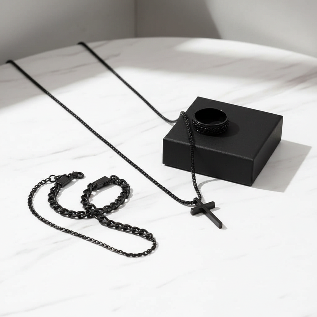 Men's black cross jewelry set with necklace, ring and bracelet on marble surface