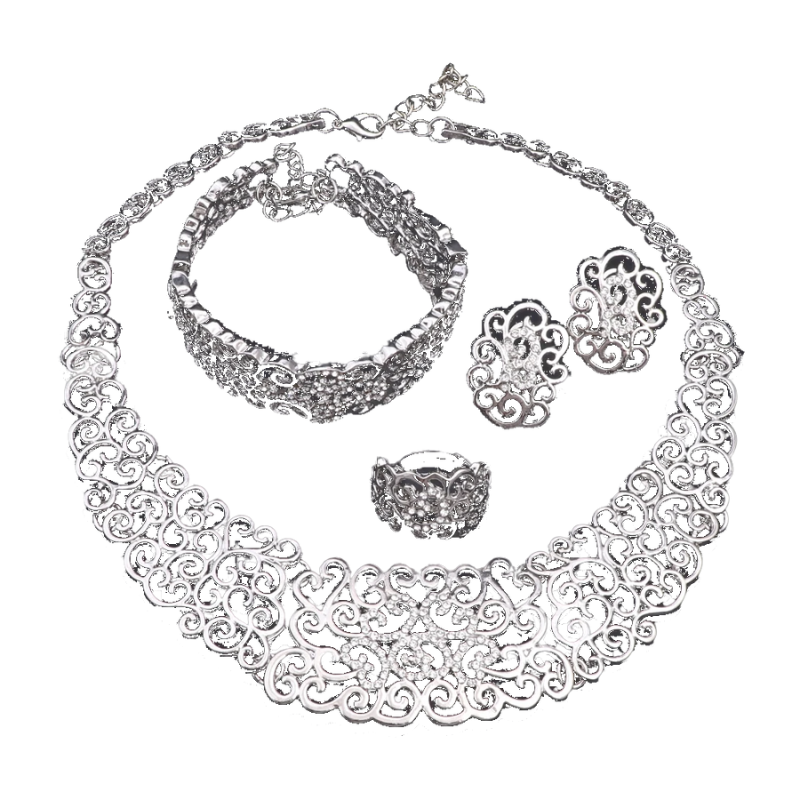 Parure de Bijoux Mariée – Collier, Boucles d'Oreilles, Bague & Bracelet (Argent)